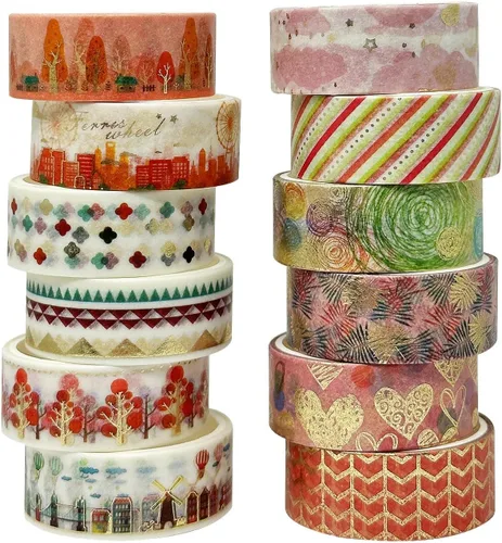 allydrew Elegante caja de cinta washi de lámina dorada para artes y manualidades, álbumes de recortes, papelería, diario (12 rollos), festival rosa