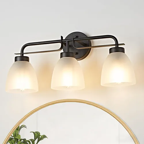 Miniatura 18 de Luces de tocador modernas de mediados de siglo de 16 pulgadas, lámpara dorada de 2 luces con pantallas de campana blancas esmeriladas, aplique