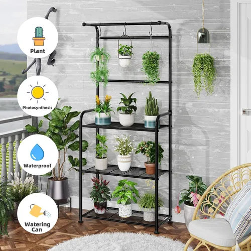 Miniatura 7 de Ekisemio Soportes para plantas al aire libre con ganchos, estantes altos de metal para plantas de interior para macetas colgantes, color negro