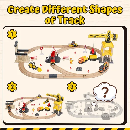 Miniatura 5 de Lehoo Castle Juego de tren de madera, juguetes de construcción para niños de 2 a 4 años, pista de tren de madera para niños con grúa, juguetes