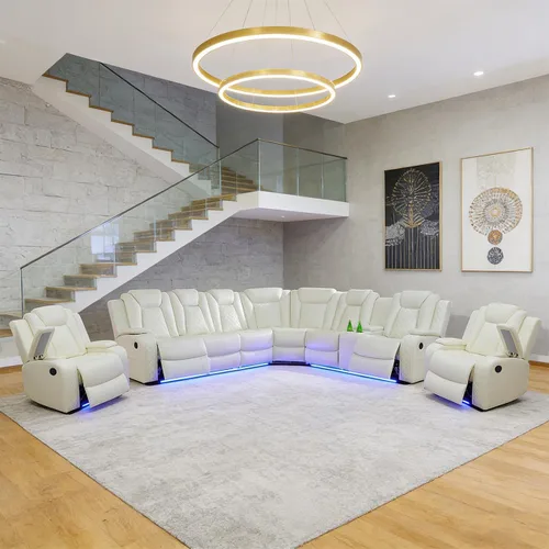 Miniatura 9 de Juego de sofá modular reclinable eléctrico para sala de estar, juego de sofá reclinable de cuero con luces LED / almacenamiento oculto, sofá