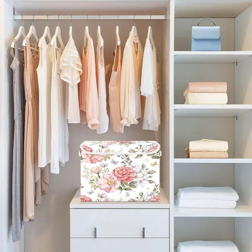 Miniatura 6 de Contenedores de almacenamiento de flores con tapas, cesta de tela plegable con asas 16.5" x 12.6" x 11.8" Decorative Storage Basket for Closet
