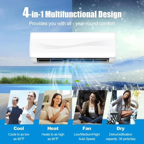 Miniatura 2 de PETSITE 9000 BTU Mini Split Aire acondicionado pre-cargado Inverter Sistema de bomba de calor, 17 SEER2 208V-230V montado en la pared, unidad de CA
