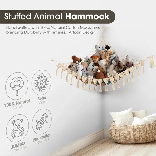 Miniatura 5 de ABBY BABY Hamaca de almacenamiento para animales de peluche extra grande con luces LED en la esquina – Red colgante para juguetes con capacidad