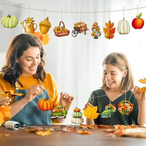Miniatura 4 de Haooryx Adorno colgante de madera de acuarela de otoño, 46 piezas de calabaza de otoño, hojas de arce, flores de madera, colgante decorativo