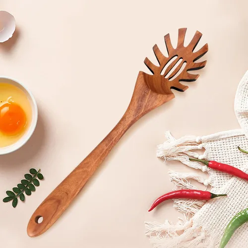 Miniatura 5 de Cuchara de madera para pasta con dientes, tenedor de espagueti, tenedores de pasta de 12.5 pulgadas, utensilios para servir, cuchara de madera