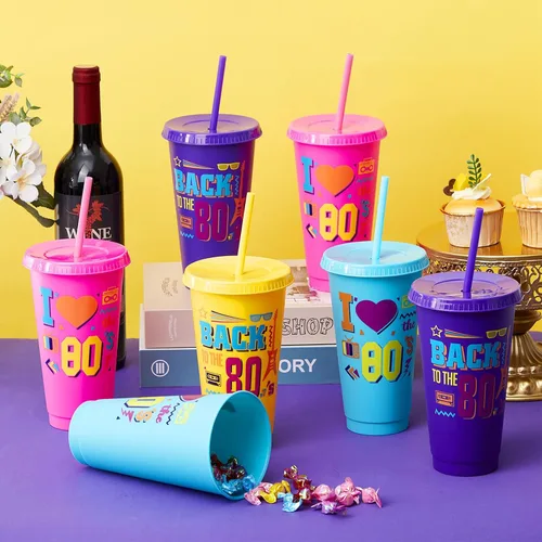 Miniatura 4 de Uiifan 12 vasos de plástico reutilizables de 24 onzas con tapa y popote para fiestas de los años 80, para decoración de fiestas de los 80