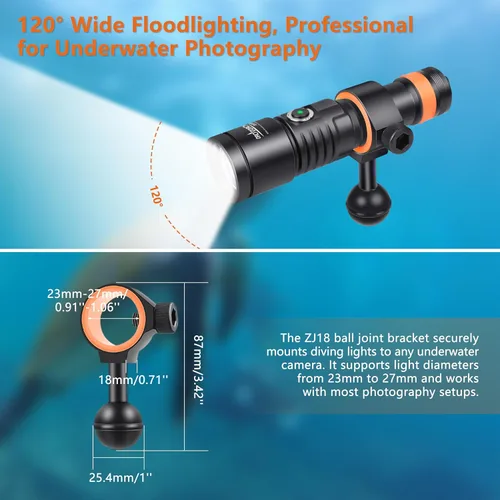 Miniatura 7 de ORCATORCH D530V 1200 lúmenes de luz de video subacuática, linterna de buceo de haz súper ancho de 120°, 2 modos con rótula ZJ18, IP68 impermeable