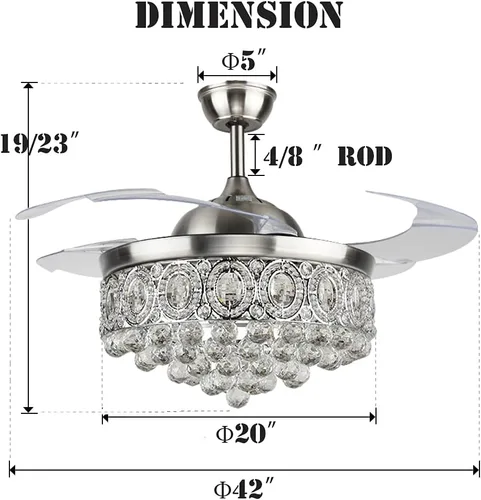 Miniatura 3 de Fandian Ventilador de techo moderno de cristal de 42 pulgadas con luces, lámpara de araña de control remoto, motor silencioso, 3 velocidades y 3