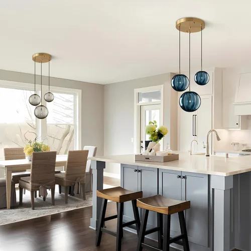 Miniatura 7 de Lámpara colgante de KCO Lighting Moderna de Oro con 3 Luces, Clúster de Globo de Vidrio Ahumado Grande, Lámpara de Araña de Latón Cepillo para Isla