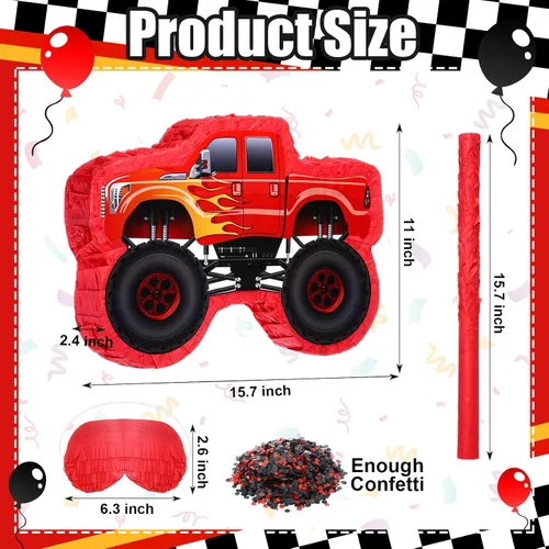 Miniatura 2 de Sratte Piñata de camión para niños, decoraciones de fiesta de cumpleaños, piñata de coche de carreras de monstruos con palo para los ojos vendados
