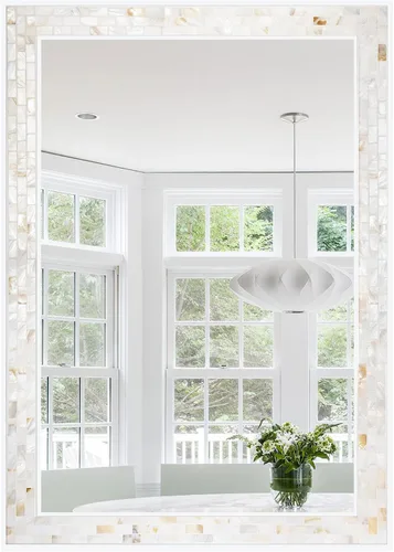 Miniatura 11 de Espejos de mosaico para pared de 24 pulgadas, con incrustaciones de nácar natural, espejo redondo con marco blanco para baño, dormitorio o entrada