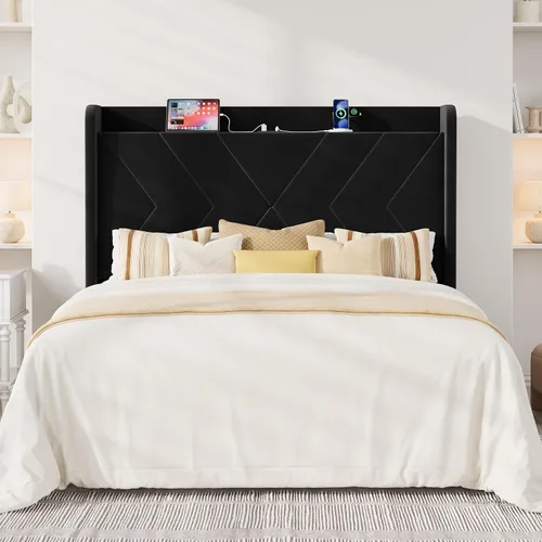 Miniatura 3 de Allewie Base de cama de plataforma de tamaño matrimonial con estación de carga y estante de almacenamiento, cabecera tapizada de terciopelo con Negro