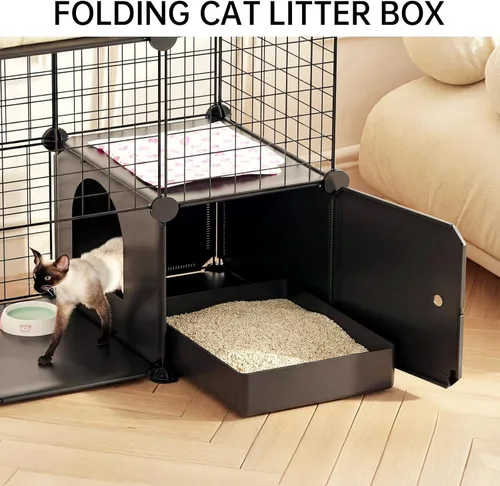 Miniatura 4 de PAWING Recinto para gatos para interiores con caja de arena, jaula de alambre de metal de 3 niveles, diseño desmontable para gatos, gatitos
