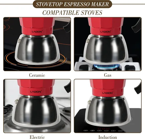Miniatura 4 de LAOION Cafetera de espresso para estufa, olla moka de 3 tazas, máquina de espresso compatible con encimeras de inducción, 150ml, cafetera cubana