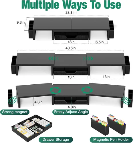 Miniatura 2 de OPNICE Soporte elevador de monitor doble con cajón y 2 soportes para bolígrafos, organizador de escritorio para suministros de oficina, soporte