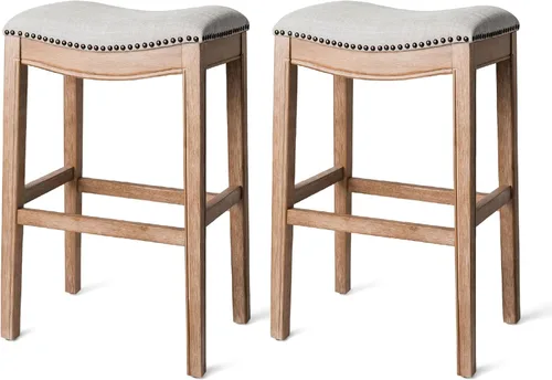Miniatura 32 de Maven Lane Adrien Taburete de bar sin espalda, asiento de silla de montar de 31 pulgadas con reposapiés, marco de madera maciza gris y tapicería