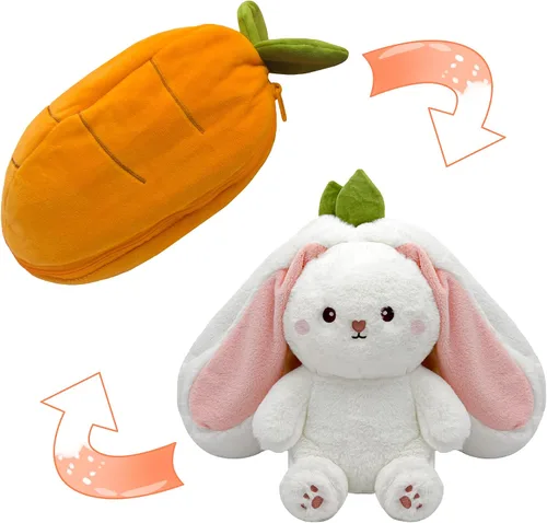 YOUBLEK Conejo de peluche, conejo de zanahorra reversible de peluche con cremallera, lindo conejo suave, juguetes de conejo, almohada para niños y