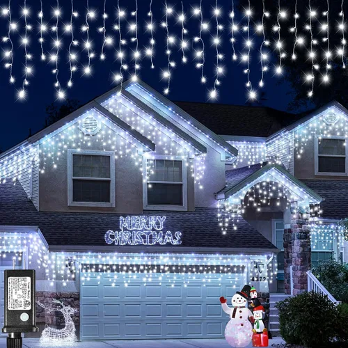 Miniatura 8 de Luces de carámbano para exteriores, 16.5 pies, 200 luces LED de Navidad para exteriores, impermeables, 8 modos de enchufe, cortina de luz conectable