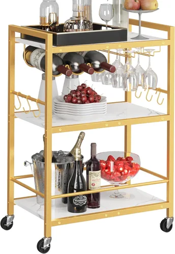 Miniatura 17 de TUTOTAK Carrito de bar, carrito de servicio para bar doméstico, carrito para microondas, carrito de bebidas, estante de cocina móvil con botellero
