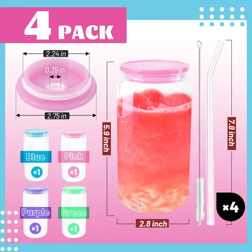 Miniatura 3 de Joyclub 4 piezas de vasos de vidrio con tapas acrílicas y pajitas 16 oz Vasos de café helado con tapas y pajitas en forma de lata, lindos vasos