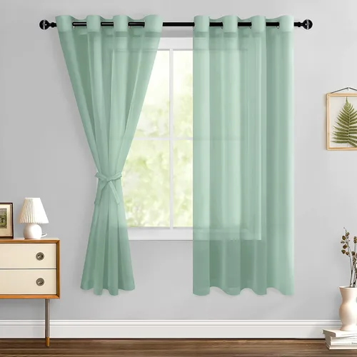 Miniatura 129 de Hiasan - Cortinas traslúcidas de gasa cortas semitransparentes con ojales y alzapaños filtrantes de luz para ventana, dormitorio, baño, 2 paneles