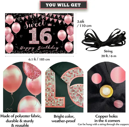 Miniatura 2 de Vicycaty Decoraciones de cumpleaños de 16 años – Cartel de fondo, decoración de fiesta de feliz 16 para niñas, cartel de 16 yardas de oro rosa