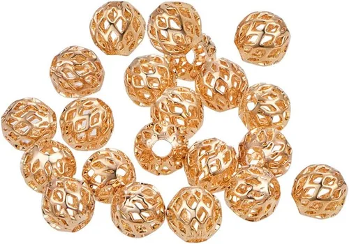 Miniatura 12 de BENECREAT - 40 piezas de cuentas de filigrana redondas huecas bañadas en oro de 18 quilates, cuentas de filigrana huecas chapadas en oro, cuentas