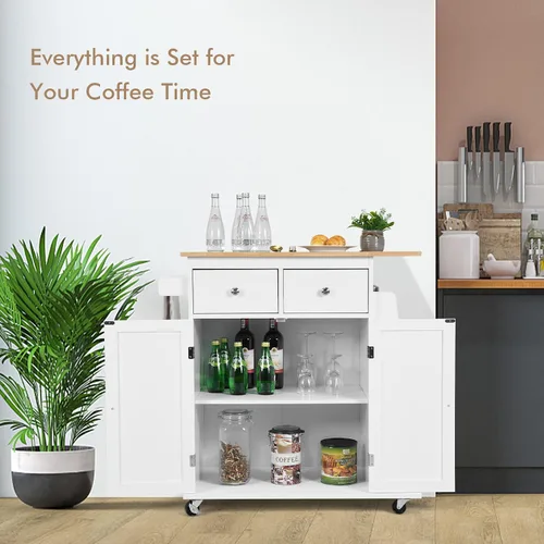 Miniatura 2 de COSTWAY Isla de cocina sobre ruedas, carrito utilitario con estante ajustable, 2 cajones, estante de especias de 3 niveles, toallero, gabinete de 2