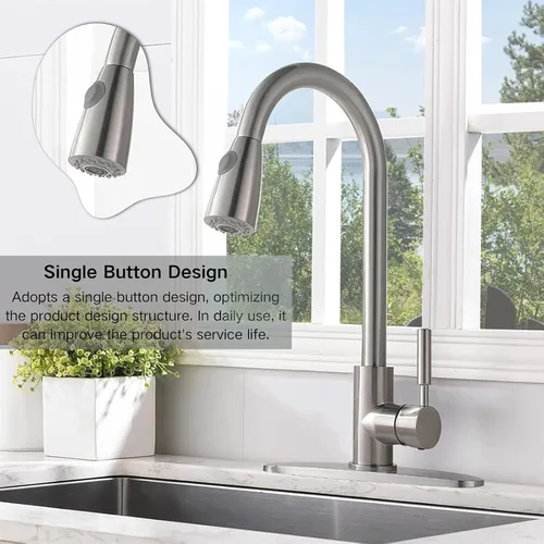 Miniatura 8 de Comllen Grifo de cocina con rociador extraíble, grifos de cocina de acero inoxidable de níquel cepillado, grifo comercial de arco alto de una sola