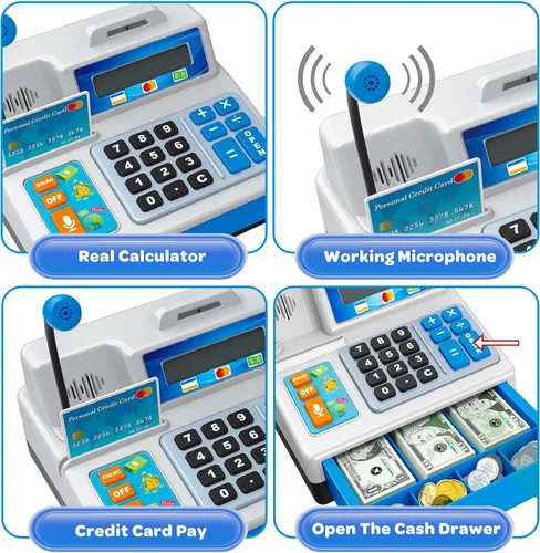 Miniatura 3 de Juguetes de Caja Registradora con Calculadora, Regalo para Niños de 3, 4, 5, 6, 7, 8+ Años, Set de 103 Piezas de Tienda de Comestibles