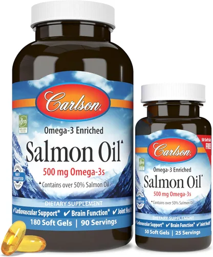 Miniatura 10 de Carlson Aceite de salmón, 500 mg de omega-3, aceite de pescado capturado en la naturaleza noruego, de origen sostenible, 180 cápsulas blandas