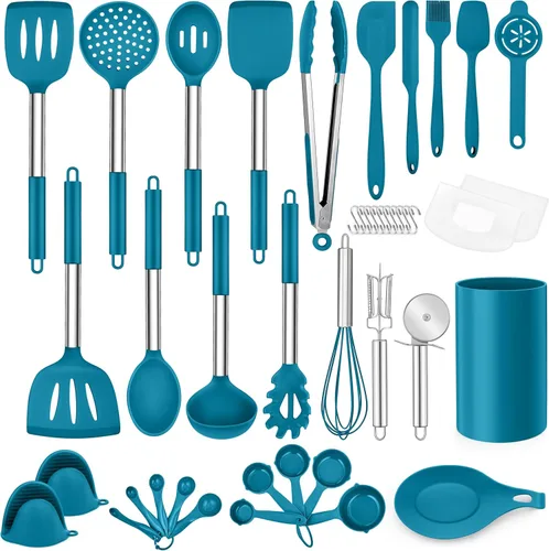 Miniatura 10 de LIANYU Juego de 43 utensilios de cocina de silicona, espátula con soporte, resistentes al calor, utensilios de cocina antiadherentes, mango de acero