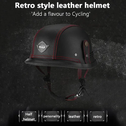 Miniatura 2 de Casco abierto de motocicleta eléctrica retro, medio casco de verano estilo alemán, casco de cuero vintage, casco de calavera de cuero vintage