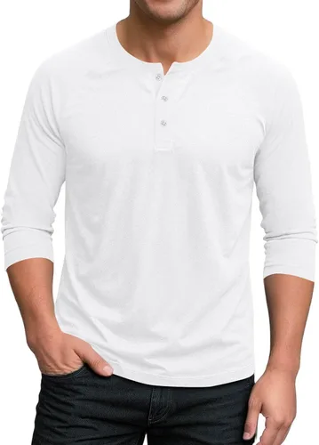 Miniatura 18 de Ctreela Camiseta Henley de manga 3/4 para hombre, estilo casual, ajustada, color sólido, manga larga, camiseta de béisbol Caqui