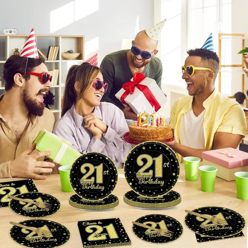 Miniatura 5 de 200 piezas de suministros para fiesta de cumpleaños de 21 años, platos de papel negro dorado, Brindis por 21 años, platos de papel y servilletas