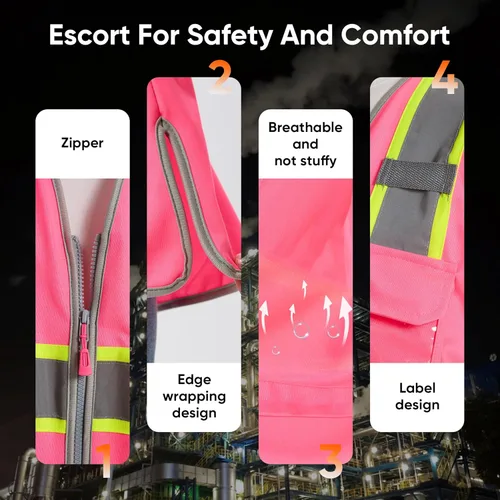 Miniatura 4 de Chaleco de Seguridad de Alta Visibilidad para Mujeres, Chaleco de Construcción de Trabajo con Cintura de Cordón con Bolsillos y Cremallera, Chaleco