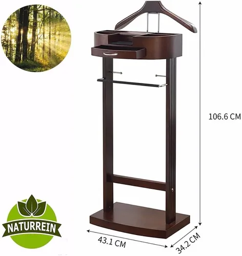 Miniatura 3 de Soporte de valet de madera para trajes, soporte de valet de madera, perchero de pie para ropa de pie con colgador de ropa y riel para pantalones