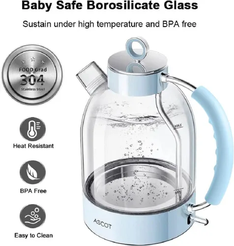 Miniatura 2 de ASCOT Hervidor eléctrico, tetera eléctrica de vidrio, regalos para hombres/mujeres/familia 1.5L 1500W calentador de té de vidrio de borosilicato