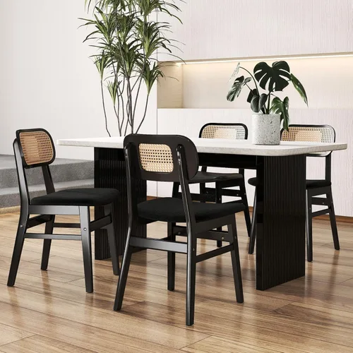 Miniatura 13 de ROCITY Juego de 4 sillas de comedor de ratán, sillas de comedor de lana de cordero blanca, sillas de cocina de madera natural, sillas de granja