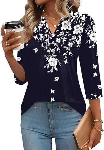 Miniatura 14 de IECCP Blusas de verano de manga 3/4 para mujer, estilo casual, cuello Henley, cuello en V, plisadas, ajuste holgado, blusas de trabajo