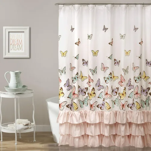 Lush Decor, Cortina de ducha con diseño de mariposas y volantes, color rosa, decoración de baño, 72 pulgadas, 72 x 72 pulgadas