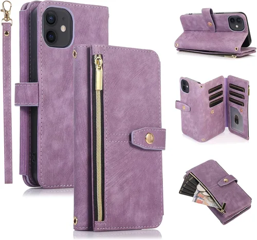 Miniatura 36 de UEEBAI Funda tipo cartera para iPhone 12 Mini de 5.4 pulgadas, retro 9 ranuras para tarjetero, bolsillo con cremallera, cierre magnético, función