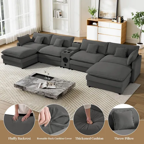 Miniatura 6 de Sofá modular de nube en forma de U de 162.6 pulgadas, sofá seccional para sala de estar, moderno sofá de nube de terciopelo de gran tamaño con Gris