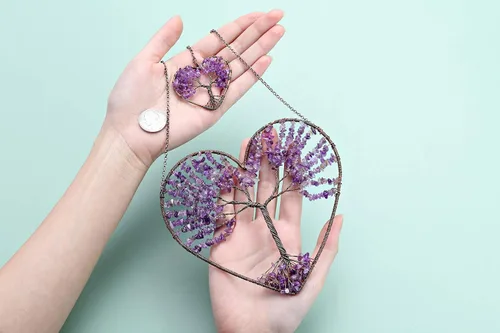Miniatura 3 de Jovivi Árbol de la vida Feng Shui Crystal Heart Colgante Ornamento Amatista Piedras Curativas Piedras Curativas Yoga Meditación Ventana Colgador