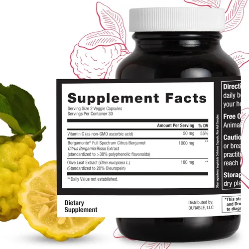 Miniatura 5 de Durable Heart Bergamonte - Bergamota cítrica de 1000 mg + hoja de olivo y vitamina C fórmula cardiovascular saludable para velocidad y presión