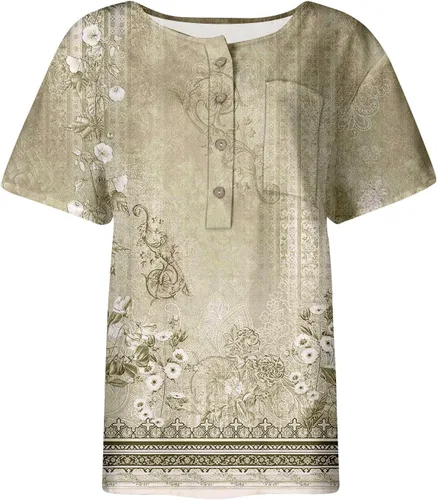 Miniatura 4 de Camisetas casuales Henley con botones para mujer, con bolsillo, manga corta, estampado geométrico, cuello en V, ropa de verano