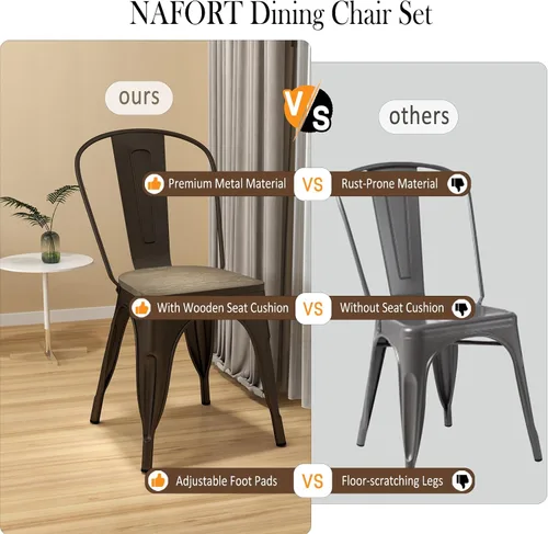 Miniatura 6 de NAFORT Juego de 4 sillas de comedor de estilo industrial, sillas de metal apilables de 18 pulgadas con respaldo alto, asiento de madera