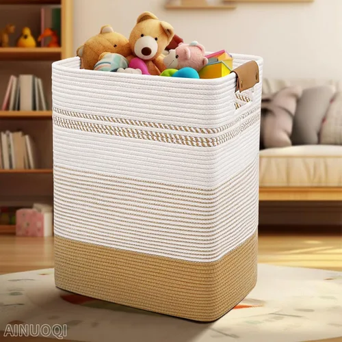 Miniatura 3 de AINUOQI Cesta de Ropa Sucia Grande Cesta de Lavandería con Asas de Cuero, Cesta de Almacenamiento Decorativa de Cuerda de Algodón Tejida para Yute