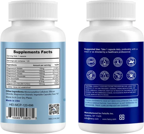Miniatura 2 de Heivy Complejo de magnesio 4 en 1 con zinc y vitamina D3, 320 mg de magnesio elemental (glicinato/citrato/gluconato/malato), 120 cápsulas